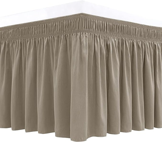 Biscaynebay Wrap Around Bed Skirts for Queen Beds 15" Drop, Taupe Adjustable Elastic Dust Ruffles Easy Fit Wrinkle & Fade Resistant Silky Luxurious Fabric Machine Washable