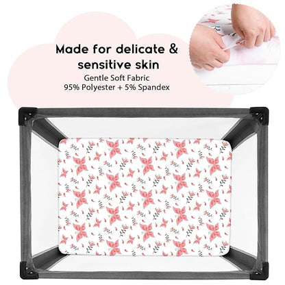 Yoofoss Pack and Play Sheets Fitted, Mini Crib Sheets 2-Pack for Pack N Play Mattress, Stretchy Playard Sheet, Soft and Breathable (Pink + Butterflies)