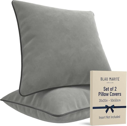 2 Pack Velvet Decorative Throw Pillow Covers, 20"x20", Dove Grey, Solid, Modern, Contrast Piping, Indoor Use, Bedroom & Living Room