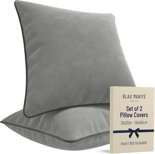 2 Pack Velvet Decorative Throw Pillow Covers, 20"x20", Dove Grey, Solid, Modern, Contrast Piping, Indoor Use, Bedroom & Living Room
