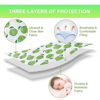TILLYOU Pack and Play Sheet - Soft Quilted Crib Cover Pad, Toddlers Mattress Protector with 1''-3'' Deep Pocket, Thick Play Yard Playpen Sheets, Crib Mattress Pad, 39"x27", Green Apple
