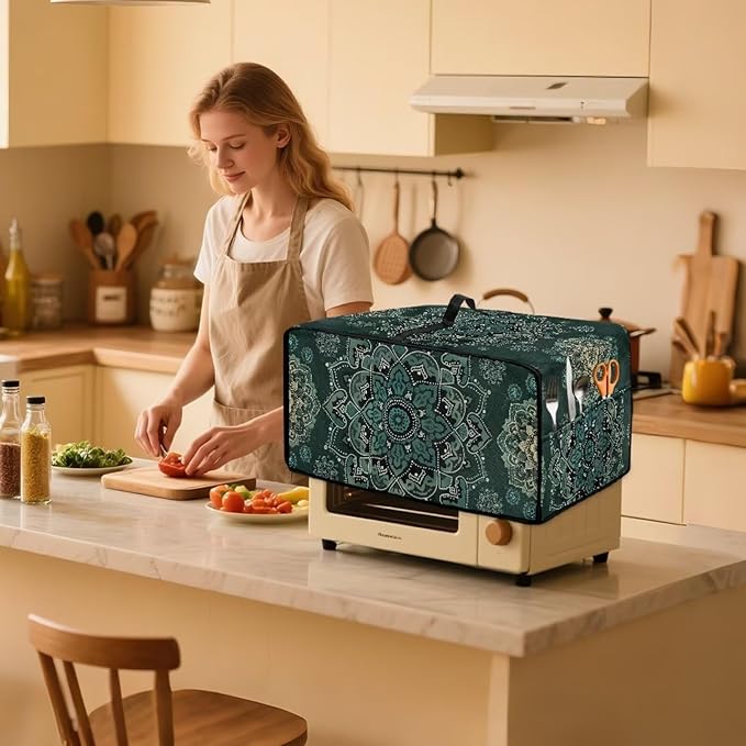 Green Boho Mandala Floral Print Microwave Oven Cover Dust-Proof Microwave Oven Grill Cover Protector Universal Waterproof Kitchen Appliance Protector Dirt and Fingerprint Protection, S