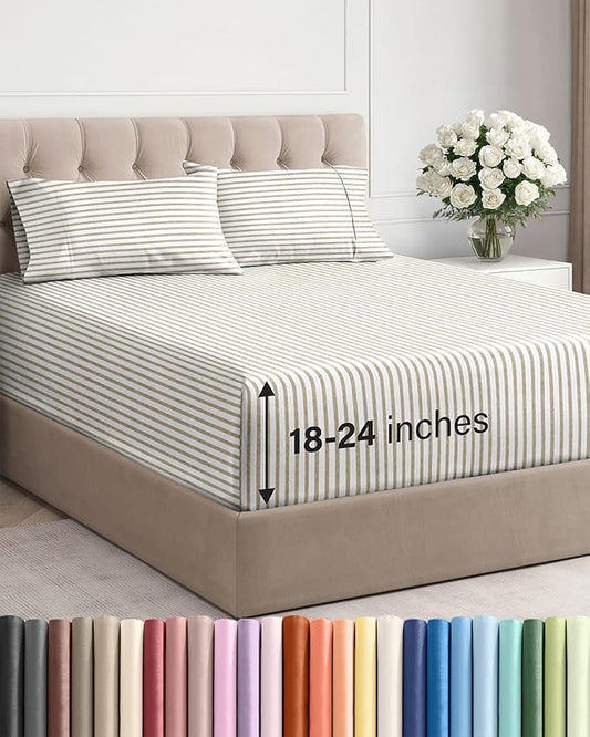 Extra Deep Pocket Queen Sheet Set - 4 Piece Breathable & Cooling Bed Sheets - Hotel Luxury Sheet Set - Soft, Wrinkle Free and Comfy - Fits Extra Deep Mattresses - Deep Pocket Beige Stripes 2 Sheets