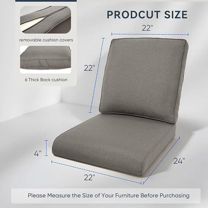 7-Piece Outdoor Patio Cushion Set - Fade & Water Resistant with Removable Olefin Cover, 22x24x4 Inch Memory Foam Cushions for Wicker Sectional Sof - Grey/Regular
