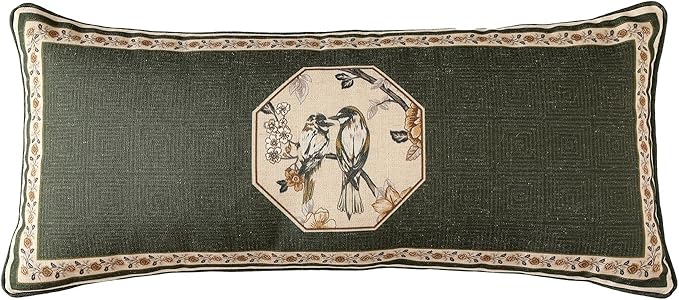 ISAENNE Design Linen Chinoiserie Lumbar Throw Pillow Covers 12"x28", Farmhouse Cushion Covers with Yellow Floral Birds Pattern Decoration Pillowcases for Bed,Living Room,Outdoor,Car