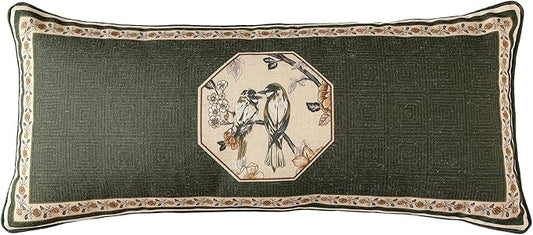 ISAENNE Design Linen Chinoiserie Lumbar Throw Pillow Covers 12"x28", Farmhouse Cushion Covers with Yellow Floral Birds Pattern Decoration Pillowcases for Bed,Living Room,Outdoor,Car