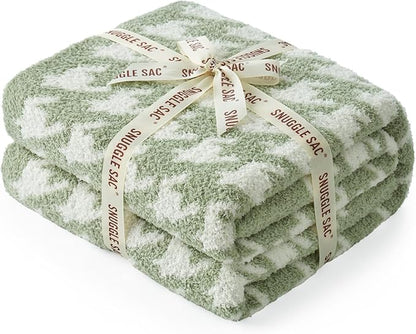 Snuggle Sac Houndstooth Throw Blanket for Couch, Reversible Super Soft Warm Blankets Cozy Knit Fuzzy Plush Lightweight Throws for Sofa, Bed, Camping, Green,50x60 inches