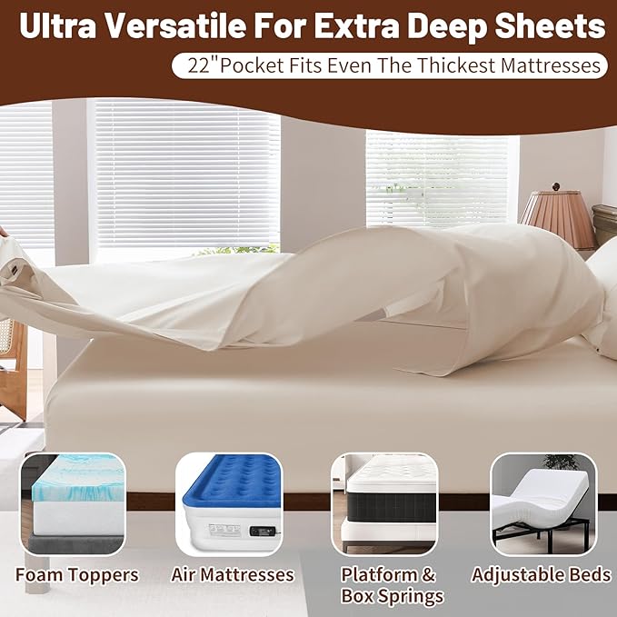Extra Deep Pocket Queen Sheets 18-24 Inch 100% Egyptian Cotton 1000 Thread Count Sateen Weave Soft Breathable 4 Pieces（Queen,Linen）