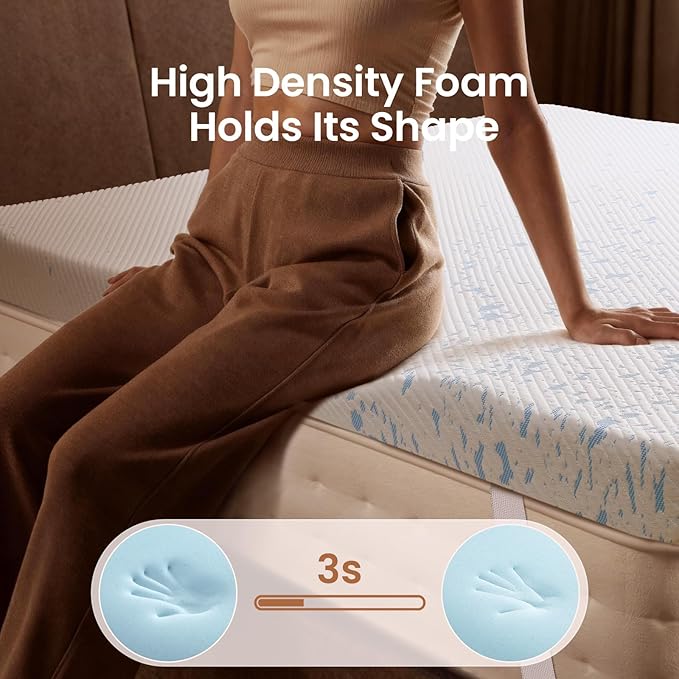 OhGeni 2 Inch Cooling Queen Size Gel Memory Foam Mattress Topper Pad, Washable Bed Cover with Anti-Slip Base &Zipper,Fits 6"-19" Mattresses with Straps,Extra Comfort for Sleep & Back Pain Relief
