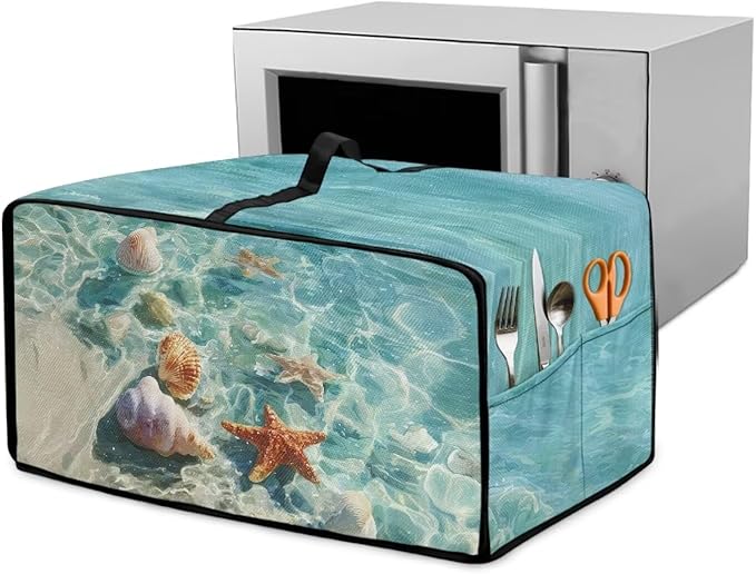 Toaster Oven Cover Washable Small Kitchen Appliance Dust Cover with Pockets, for Air Fryer Toaster Ovens, Microwaves, S, 14.5 x 18.5 x 9 Inches, Blue Beach Starfish Seashell Conch Whelk