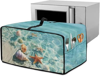 Toaster Oven Cover Washable Small Kitchen Appliance Dust Cover with Pockets, for Air Fryer Toaster Ovens, Microwaves, S, 14.5 x 18.5 x 9 Inches, Blue Beach Starfish Seashell Conch Whelk