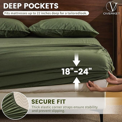100% Linen Sheet Set King Size Extra Deep Pocket Fits 18-24 Inch Mattress, Breathable & Soft, Smooth 4-Piece Set for Thick Mattresses Hotel Luxury Bedding（King, Forest Green）