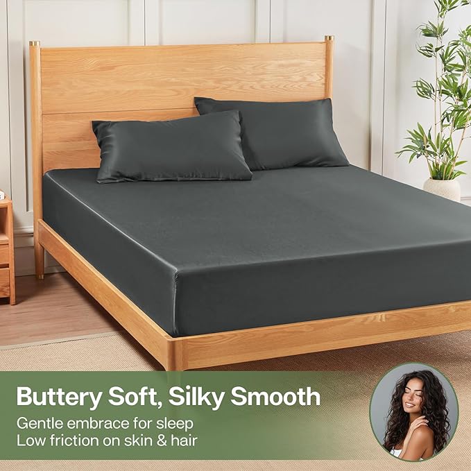 MR&HM Full Fitted Sheet Only, Ultra-Soft Rayon Derived from Bamboo & Polyester Blend, Silky & Breathable, 15" Deep Pocket with Elastic Straps, Cooling Fitted Sheet for Hot Sleepers, Dark Grey