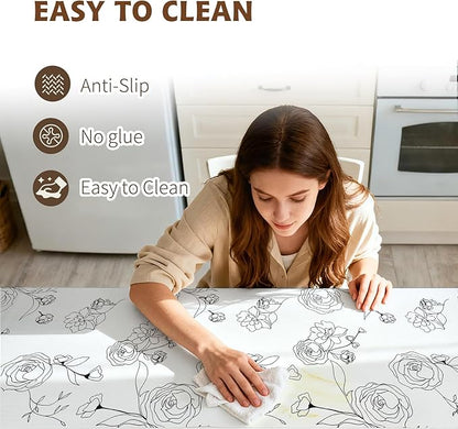 Shelf Liners for Kitchen Cabinets 17in x 20FT Non Adhesive Drawer Liner Black and White Floral Thickened Shelf Liner Paper Strong Non-Slip Easy to Clean for Tool Box with Knife and Tape Measure