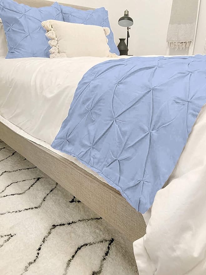 Bed Runner Set - 100% Pure Cotton 800 Thread Count - Luxury 1 Pinch Pleated Bed Runner and 2 Pillow Cover - 3 Piece Pinch Pleated Bed Runner Set California King, Light Blue