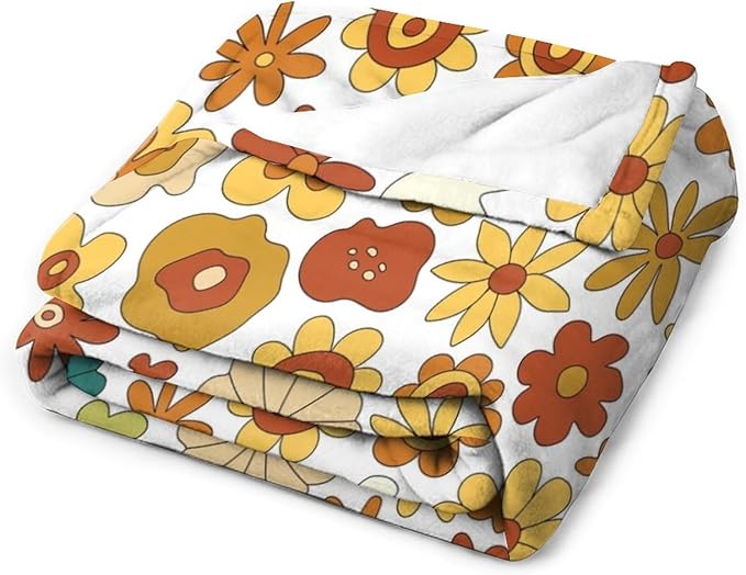 Vintage Hippie Floral Blanket, 70s Boho Abstract Yellow Orange Flowers Funny Print Throw Blanket for Holiday Theme Home Decor Bedding Couch 40"x50"