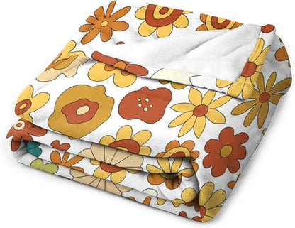 Vintage Hippie Floral Blanket, 70s Boho Abstract Yellow Orange Flowers Funny Print Throw Blanket for Holiday Theme Home Decor Bedding Couch 40"x50"
