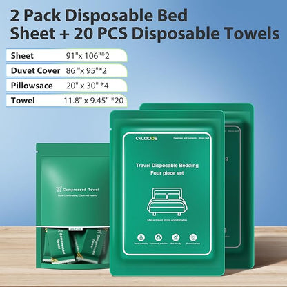 2 Pack Disposable Sheet for Travel With 20 PCS Face Towels, Bed Sheet With Compressed Towel for Hotel, Cruise, Trip, SPA, Camping