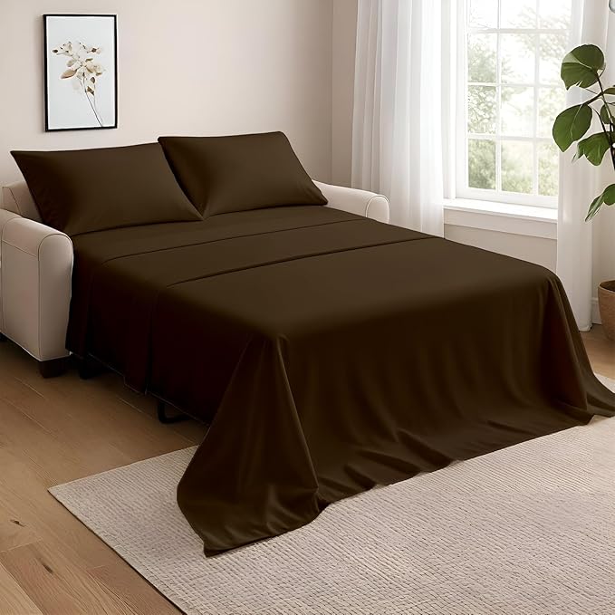 NON Sticky cotton Full Size Sleeper Sofa Sheets, 4 Piece Egyptian Cotton Bed Sheet Set for Sofa Bed, 6" Deep Pocket Fitted Sheet for Pull Out Couch Mattress, 54" x 75", Chocolate Solid