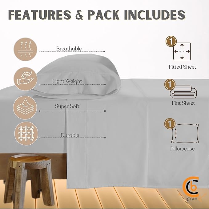 Camping Cot Sheets 25" x 75" - 3 Piece Cot Sheet Set for Bunk Bed - fits upto 9" Deep Mattress, Perfect for Narrow Twin, Camping Cot, RV Bunk, Guest Beds, Trifold Mattress - Light Grey