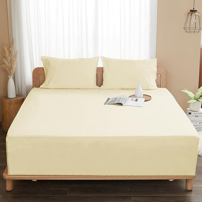 Sunflower King Fitted Sheet, 1-Piece Deep Pocket Fitted Bottom Sheet 16", 100% Cotton Sateen Soft Breathable, Butter Cream