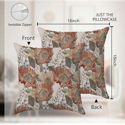 Vintage Boho Floral Pillow Covers 18x18 - Retro Bohemian Decorative Throw Pillow Covers Pillowcases for Living Room Bedroom, Floral Outdoor Pillow Covers, Cottagecore Room Decor (Double-Sided)
