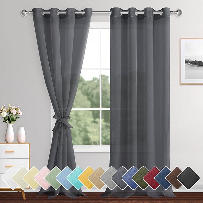 XWZO Dark Grey Sheer Curtains 95 Inches Length, Light Filtering, Airy & Breathable Grommet Small Window Curtains & Drapes for Bedroom, Living Room, Office, Nursery, W52 x L95, Set of 2 Panels