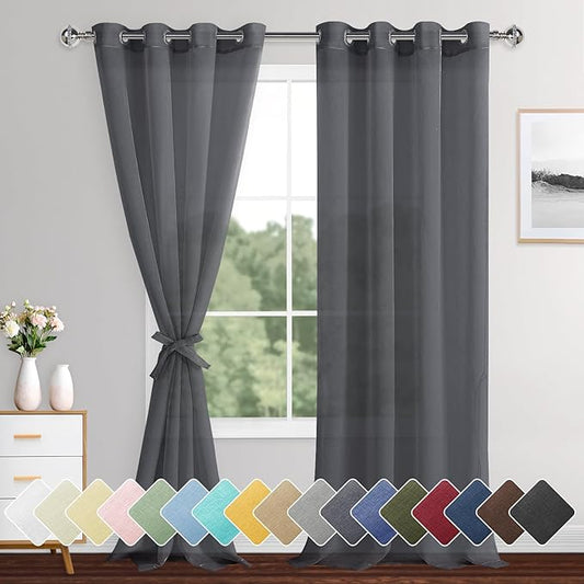 XWZO Dark Grey Sheer Curtains 95 Inches Length, Light Filtering, Airy & Breathable Grommet Small Window Curtains & Drapes for Bedroom, Living Room, Office, Nursery, W52 x L95, Set of 2 Panels