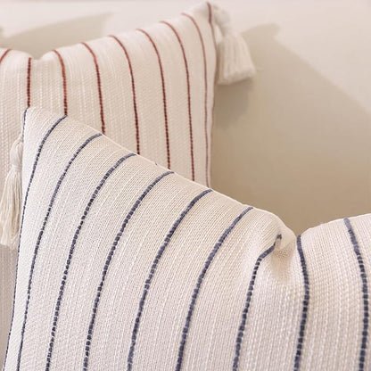 Decorative Boho Throw Pillow Cover 18x18 Inch Set of 2, Textured Linen Striped Throw Pillows with Tassels, Farmhouse Decor Cushion Covers for Couch Bed Living Room, Dusty Blue