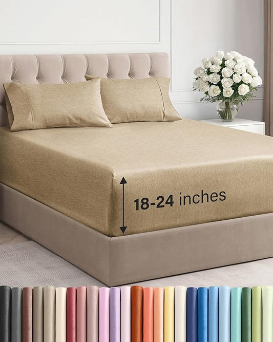 Extra Deep Pocket King Sheets - 4 Piece Breathable & Cooling Bed Sheets - Hotel Luxury Bed Sheet Set - Soft, Wrinkle Free & Comfy - Easily Fits Extra Deep Mattresses - Deep Pocket Heathered Tan Sheets