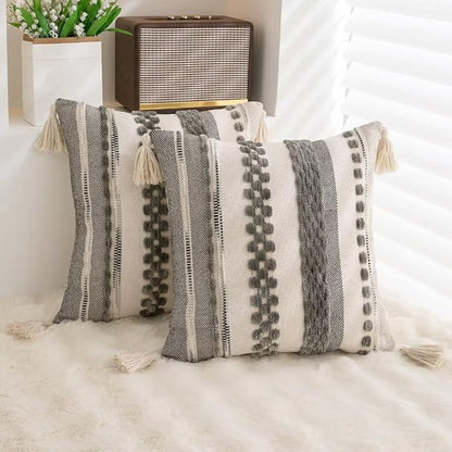 Boho Throw Pillow Covers 18x18 Set of 2 Woven Tufted Farmhouse Pillows Cover with Tassels Textured Striped Cushion Case Neutral Pillow Cases Decorative Pillowcase for Sofa Couch Bed,Gray