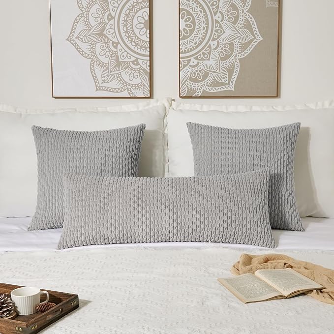 Kevin Textile 14x36 Inch Long Lumbar 1 Pack Boho Decorative Throw Pillow Cover Soft Striped Corduroy Rectangle Cushion Case Farmhouse Solid Color Accent for Living Room Couch Sofa Bed, Light Grey