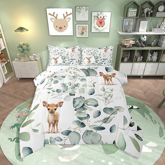 Erosebridal Cartoon Deer Queen Comforter Set Toddler Woodland Wildlife Bedding Set Queen, Plant Bedding Comforter Sets Eucalyptus Leaf Duvet Set, Jungle Animal Theme Quilted Comforter Kids Room Decor