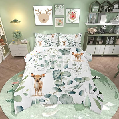 Erosebridal Cartoon Deer King Bedding Sets Toddler Woodland Wildlife Comforter Set, Spring Plant Duvet Insert Eucalyptus Leaf Down Comforter, Jungle Animal Theme Bedding Comforter Sets Kids Room Decor