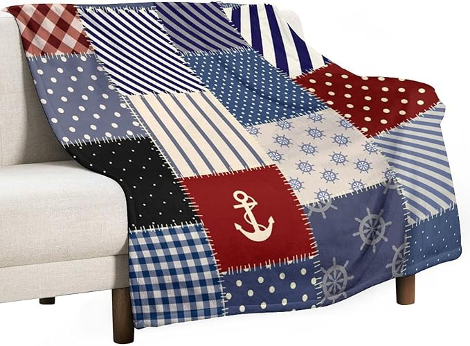 Nautical Blanket Vintage Coastal Rustic Red Blue White Polka Dot Stripe Anchor Patchwork Soft Cozy Lightweight Throw Blanket for Women Men Bedroom Living Room Dorm Chair Sofa Travel 60x80in