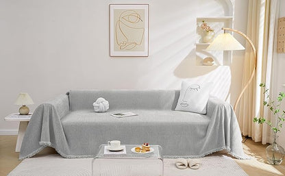 MEETSKY Sectional Couch Covers for Dog Chenille Sofa Cover, Washable Couch Cover for 3 Cushion Couch Sofa Pet Couch Furniture Protector, Light Grey Jacquard Sofa Slipcover with Tassel