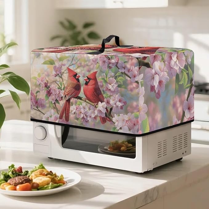 Microwave Ovens Dust Cover, Red Cardinal Polyester Waterproof Countertop Microwave Dust Cover Dustproof Tear-Resistant for Most Standard Sizes Easy to Clean