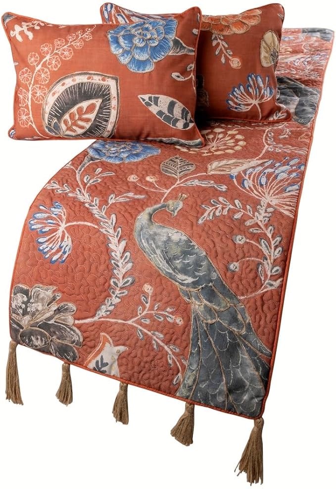 The HomeCentric Orange Bed Runner, CA King Size 86"x18" Decorative Bed Runner with Matching Pillow Cover, Rust or Orange Linen Bed Scarf in Quilted Peacock, Linen & Jute Embroidery - Peacock Soiree