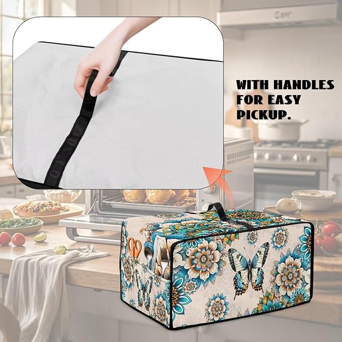 Microwave Oven Dust Cover Waterproof Polyester-Linen Fabric Microwave Oven Cloth Cover Universal Case Protections Protector with Storage Bags, Boho Mandala Floral Butterfly Print, L