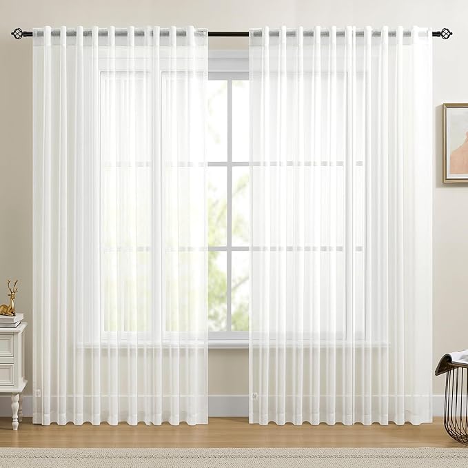 Dreaming Casa White Sheer Curtains 84 Inches Long, Rod Pocket & Back Tab Light Filtering Textured Sheers for Living Room Bedroom, 2 Panels, Each 100" W x 84" L