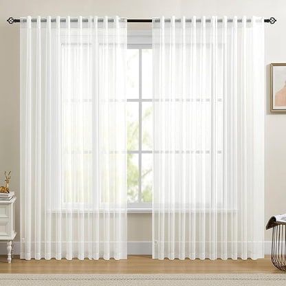 Dreaming Casa White Sheer Curtains 84 Inches Long, Rod Pocket & Back Tab Light Filtering Textured Sheers for Living Room Bedroom, 2 Panels, Each 100" W x 84" L