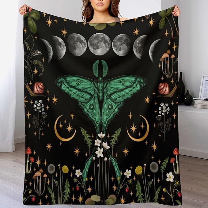 Moon Phase Moth Blanket, Vintage Botanical Mushroom Wildflower Gothic Night Moonlit Mysterious Witchy Throws Blanket for Sofa Bed Couch Chair, 50"x60"