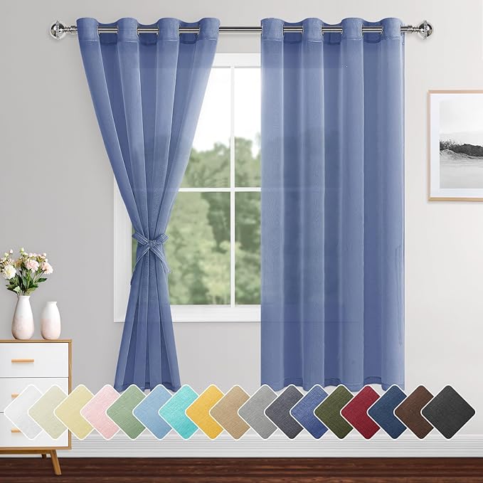 XWZO Sheer Curtains for Living Room with Tiebacks, Light Filtering Faux Linen Voile Grommet Window Curtains for Living Room, Farmhouse, Study, Dusty Blue, 52 x 63 Inches Length, Set of 2 Panels