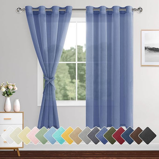 XWZO Sheer Curtains for Living Room with Tiebacks, Light Filtering Faux Linen Voile Grommet Window Curtains for Living Room, Farmhouse, Study, Dusty Blue, 52 x 63 Inches Length, Set of 2 Panels