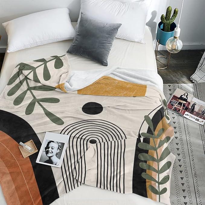 Abstract Modern Throw Blanket Boho Minimalist Mid Century Sun Aesthetic Soft Warm Bed Bedding Women Blankets for Couch Bedroom Sofa Office Cozy Flannel Blanket Orange Beige Black,40"X50"
