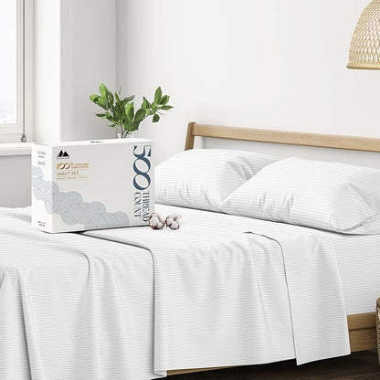 Mayfair Linen 100% Cotton Striped Sheets King Size Bed Set - 500 Thread Count Damask Sheets King Size 4 PC Set (White Stripe), Soft, Cooling, Sateen Weave Hotel-Quality 16" Deep Pocket Bedsheet