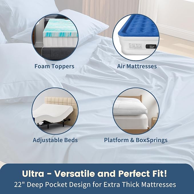 100% Linen Sheet Set Queen Size Extra Deep Pocket Fits 18-24 Inch Mattress, Breathable & Soft, Smooth 4-Piece Set for Thick Mattresses Hotel Luxury Bedding（Queen, Dusty Blue）