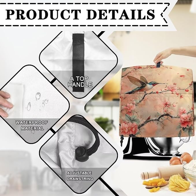Hummingbird with Flower Mixer Covers Washable Stand Mixer Dust Cover Fit Kitchen Aid Mixer 4.5-8 Quart Home Kitchen Small Appliance Protector