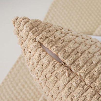 Kevin Textile 12x20 Inch Pillow Cover 1 Pack Boho Decorative Soft Striped Corduroy Lumbar Farmhouse Solid Color Accent Rectangle Cushion Case for Living Room Couch Sofa Bed, Beige