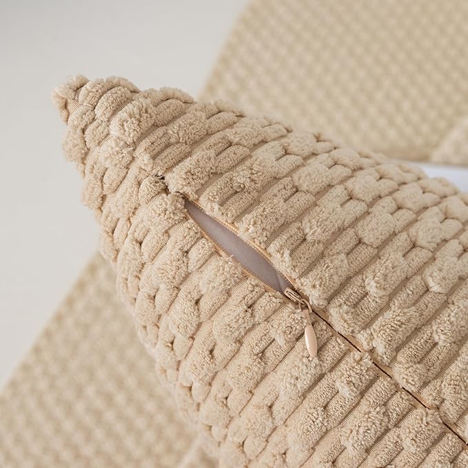 Kevin Textile 14x22 Inch Pillow Cover 1 Pack Boho Decorative Soft Striped Corduroy Lumbar Farmhouse Solid Color Accent Rectangle Cushion Case for Living Room Couch Sofa Bed, Beige